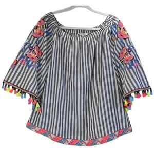 See And Be Seen Womens M Black/White Striped Colorful Embroidery/ Boat Neck